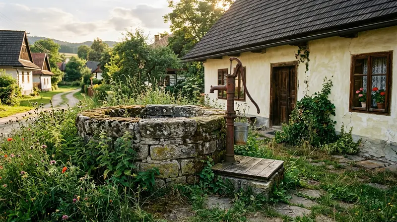Stará kamenná studna s ruční pumpou u venkovského domu