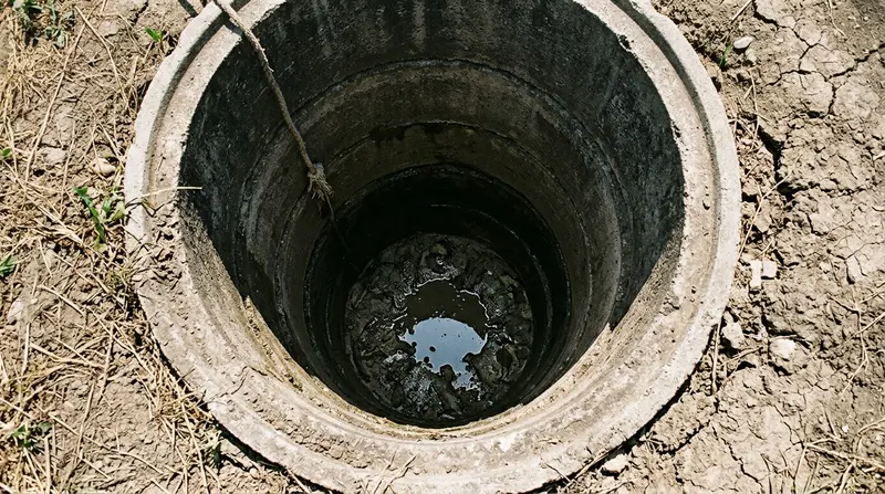 Pohled do vyschlé kopané studny s bahnitým dnem